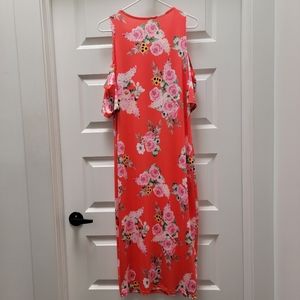 Aloha Women's Stretchy Coral Floral Cold Sholder Sleeve Dress Round Neck